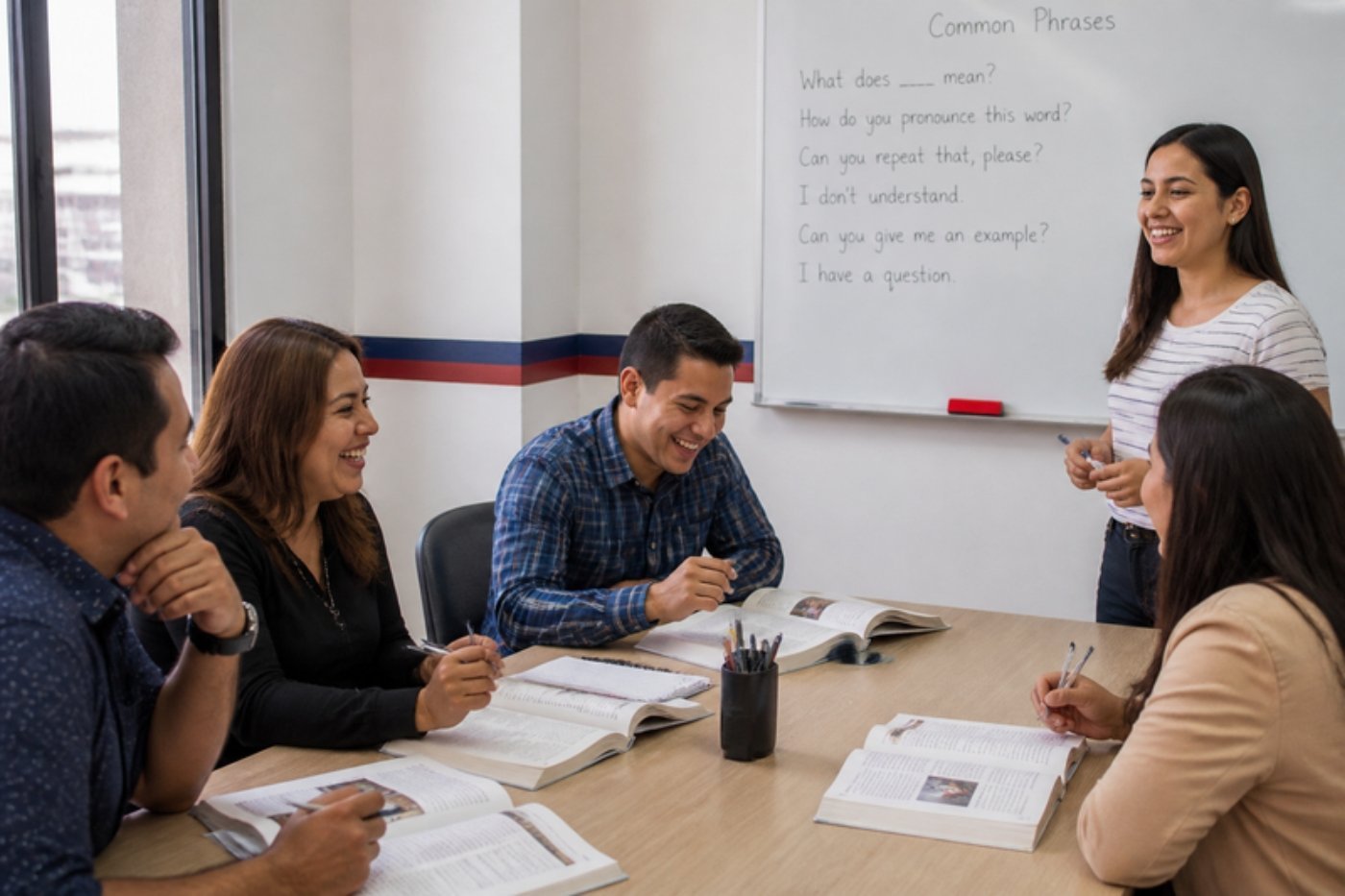 Grupo pequeño de adultos en clase de inglés con su maestra en American Stars, Puebla
